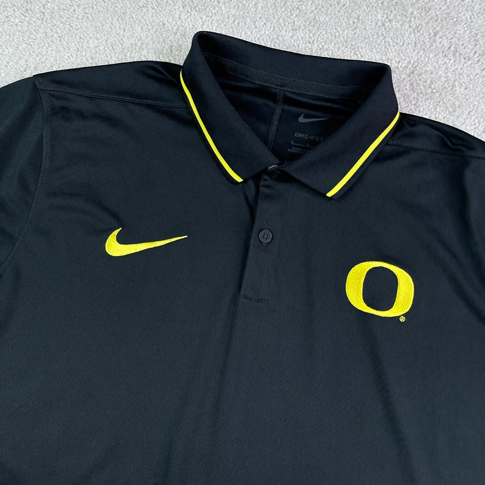 Oregon Ducks Polo Shirt Mens Large Black Yellow Nike Dri Fit Performance Golf
